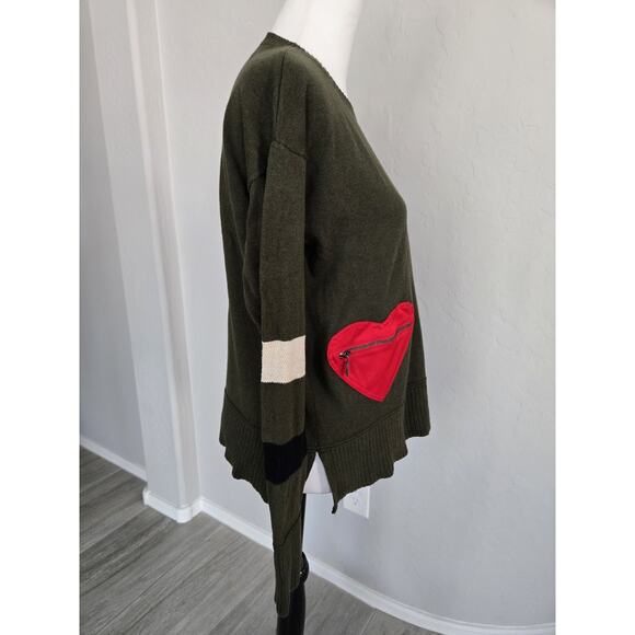 Lisa Todd Olive Green Cotton Cashmere Sweater Heart Zip Pocket Long Sleeve Sz L - Picture 3 of 13